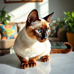 A beautiful Siamese cat with striking blue almond-shaped eyes, sleek cream-colored fur with dark chocolate points on the ears, face, paws, and tail