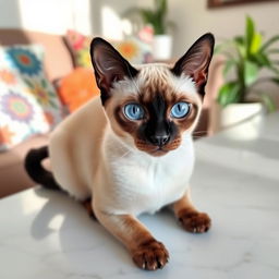 A beautiful Siamese cat with striking blue almond-shaped eyes, sleek cream-colored fur with dark chocolate points on the ears, face, paws, and tail