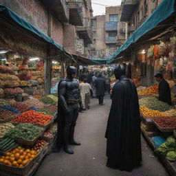 A highly detailed and realistic image of Batman visiting a local bazaar in Tehran, blending the darker and mysterious aesthetic of Gotham with the vibrant colors and textures of the Middle Eastern city