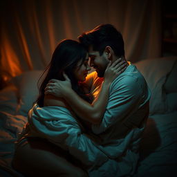 A romantic and intimate scene depicting a couple in a warm embrace, exploring their connection in a tastefully depicted manner