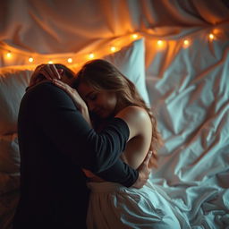 A romantic and intimate scene depicting a couple in a warm embrace, exploring their connection in a tastefully depicted manner