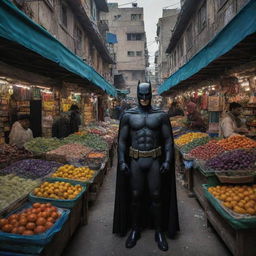 A highly detailed and realistic image of Batman visiting a local bazaar in Tehran, blending the darker and mysterious aesthetic of Gotham with the vibrant colors and textures of the Middle Eastern city