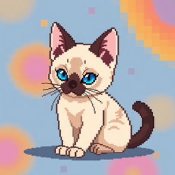 A pixel art depiction of a Siamese cat, showcasing its distinctive features such as striking blue almond-shaped eyes, cream-colored body with darker seal points on the ears, face, paws, and tail