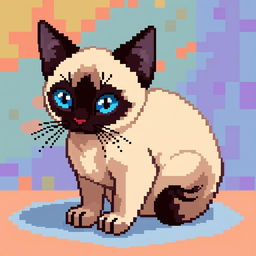 A pixel art depiction of a Siamese cat, showcasing its distinctive features such as striking blue almond-shaped eyes, cream-colored body with darker seal points on the ears, face, paws, and tail