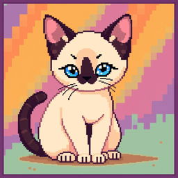 A pixel art depiction of a Siamese cat, showcasing its distinctive features such as striking blue almond-shaped eyes, cream-colored body with darker seal points on the ears, face, paws, and tail