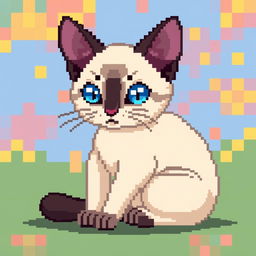 A pixel art depiction of a Siamese cat, showcasing its distinctive features such as striking blue almond-shaped eyes, cream-colored body with darker seal points on the ears, face, paws, and tail