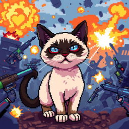 A pixel art scene featuring a Siamese cat in a battle environment, depicted in a vibrant 8-bit style