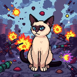 A pixel art scene featuring a Siamese cat in a battle environment, depicted in a vibrant 8-bit style