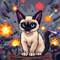 A pixel art scene featuring a Siamese cat in a battle environment, depicted in a vibrant 8-bit style