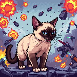 A pixel art scene featuring a Siamese cat in a battle environment, depicted in a vibrant 8-bit style