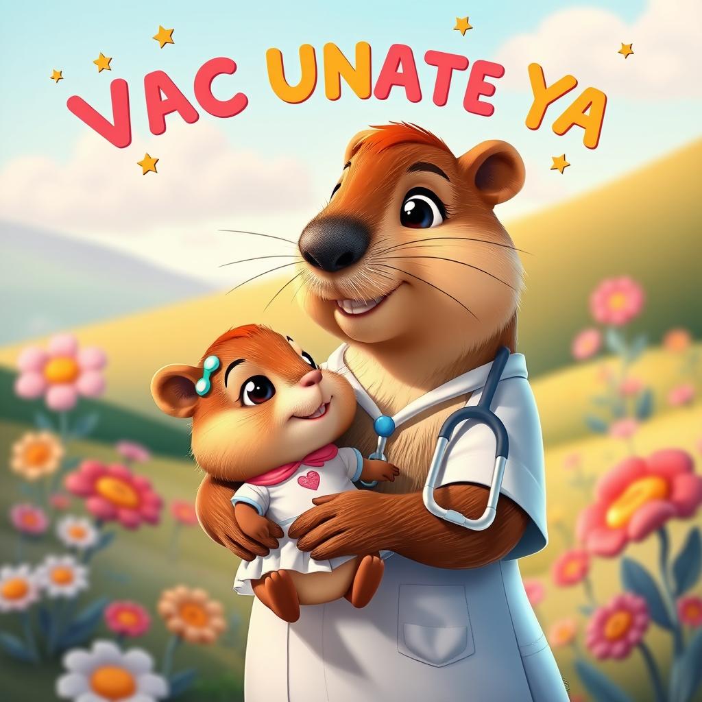 A heartwarming Disney-Pixar style movie poster featuring a caring capybara nurse holding a small capybara dressed like a little girl, showcasing a vibrant and colorful environment