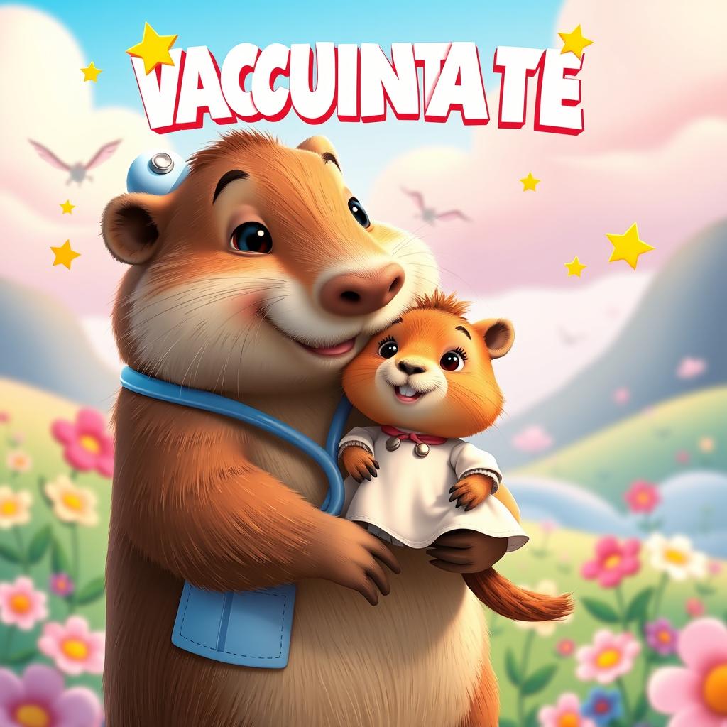 A heartwarming Disney-Pixar style movie poster featuring a caring capybara nurse holding a small capybara dressed like a little girl, showcasing a vibrant and colorful environment