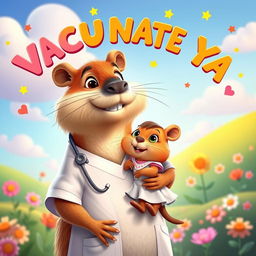 A heartwarming Disney-Pixar style movie poster featuring a caring capybara nurse holding a small capybara dressed like a little girl, showcasing a vibrant and colorful environment