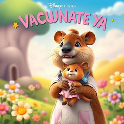 A heartwarming Disney-Pixar style movie poster featuring a caring capybara nurse holding a small capybara dressed like a little girl, showcasing a vibrant and colorful environment