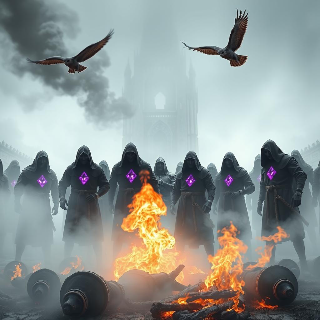 In a fog-covered courtyard near an eerie, towering structure, a group of hooded priests stands together, ropes tied around their waists and glowing purple crystals embedded in their chests