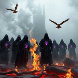 In a fog-covered courtyard near an eerie, towering structure, a group of hooded priests stands together, ropes tied around their waists and glowing purple crystals embedded in their chests