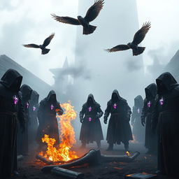 In a fog-covered courtyard near an eerie, towering structure, a group of hooded priests stands together, ropes tied around their waists and glowing purple crystals embedded in their chests