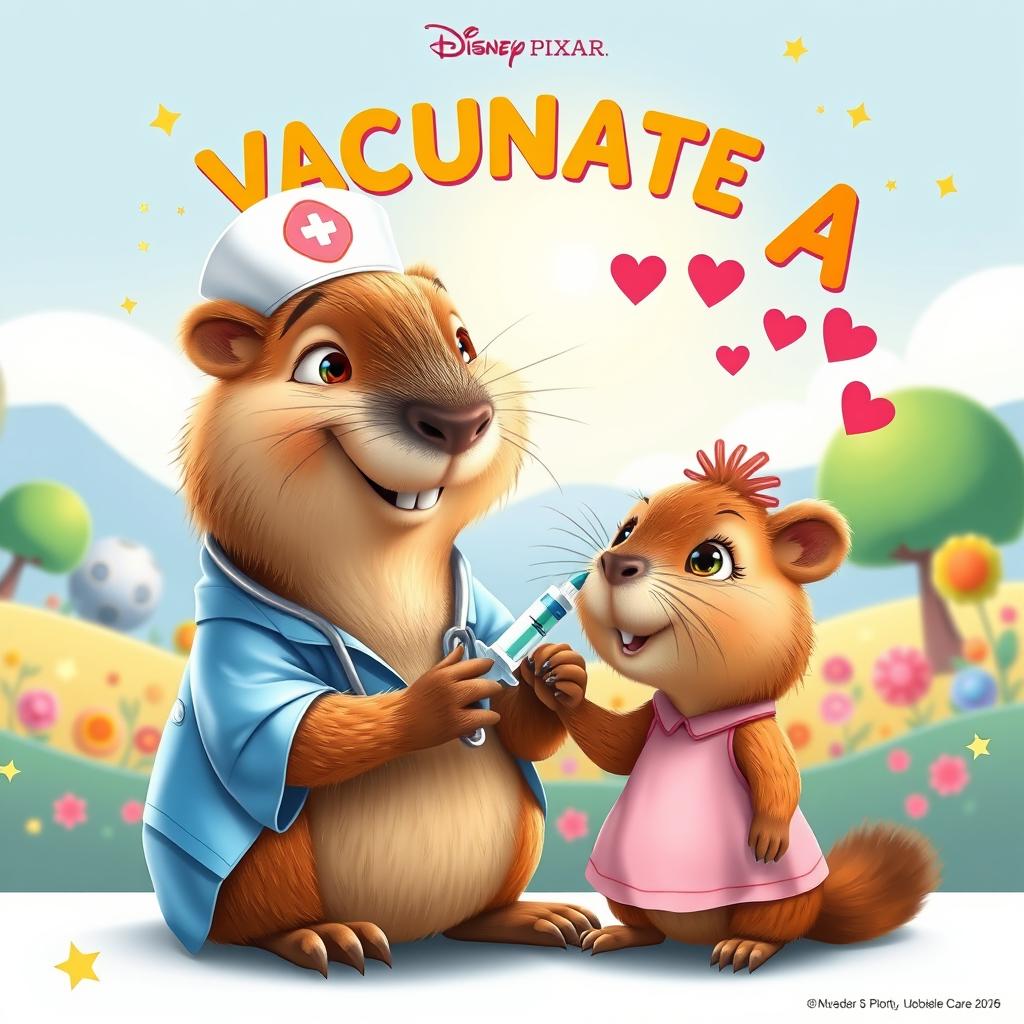 A delightful Disney-Pixar style movie poster depicting a gentle capybara nurse administering a vaccine with a syringe to a small capybara dressed as a little girl