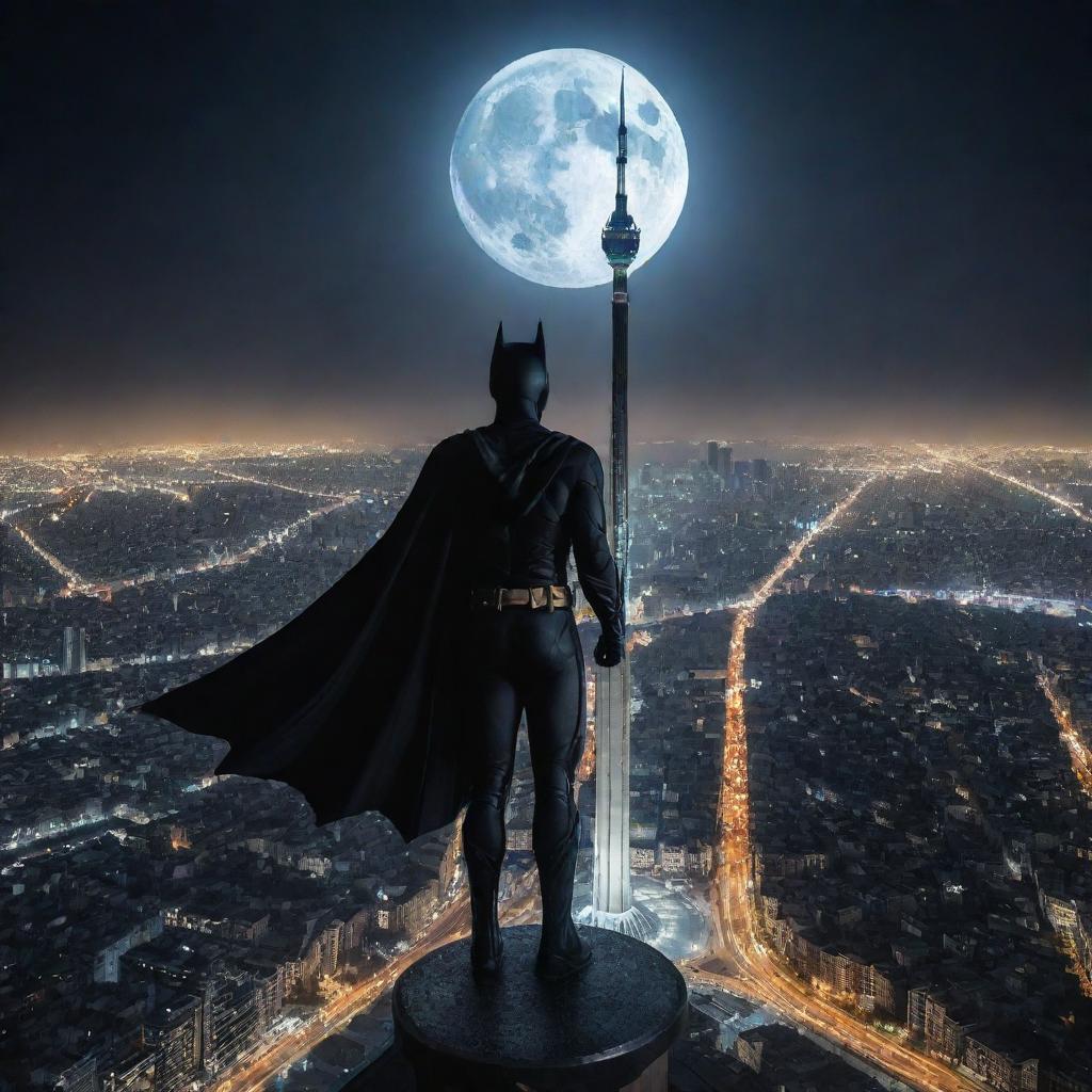 An epic image of Batman standing with a heroic pose on top of Tehran's Milad tower under a moonlit sky, overlooking the sprawling city below