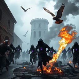 In a fog-laden courtyard adjacent to an eerie tower, a chaotic scene unfolds as a group of slim hooded priests runs frantically, ropes tied around their waists, with glowing purple crystals embedded in their chests