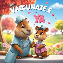 A delightful Disney-Pixar style movie poster depicting a gentle capybara nurse administering a vaccine with a syringe to a small capybara dressed as a little girl