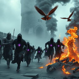 In a fog-laden courtyard adjacent to an eerie tower, a chaotic scene unfolds as a group of slim hooded priests runs frantically, ropes tied around their waists, with glowing purple crystals embedded in their chests