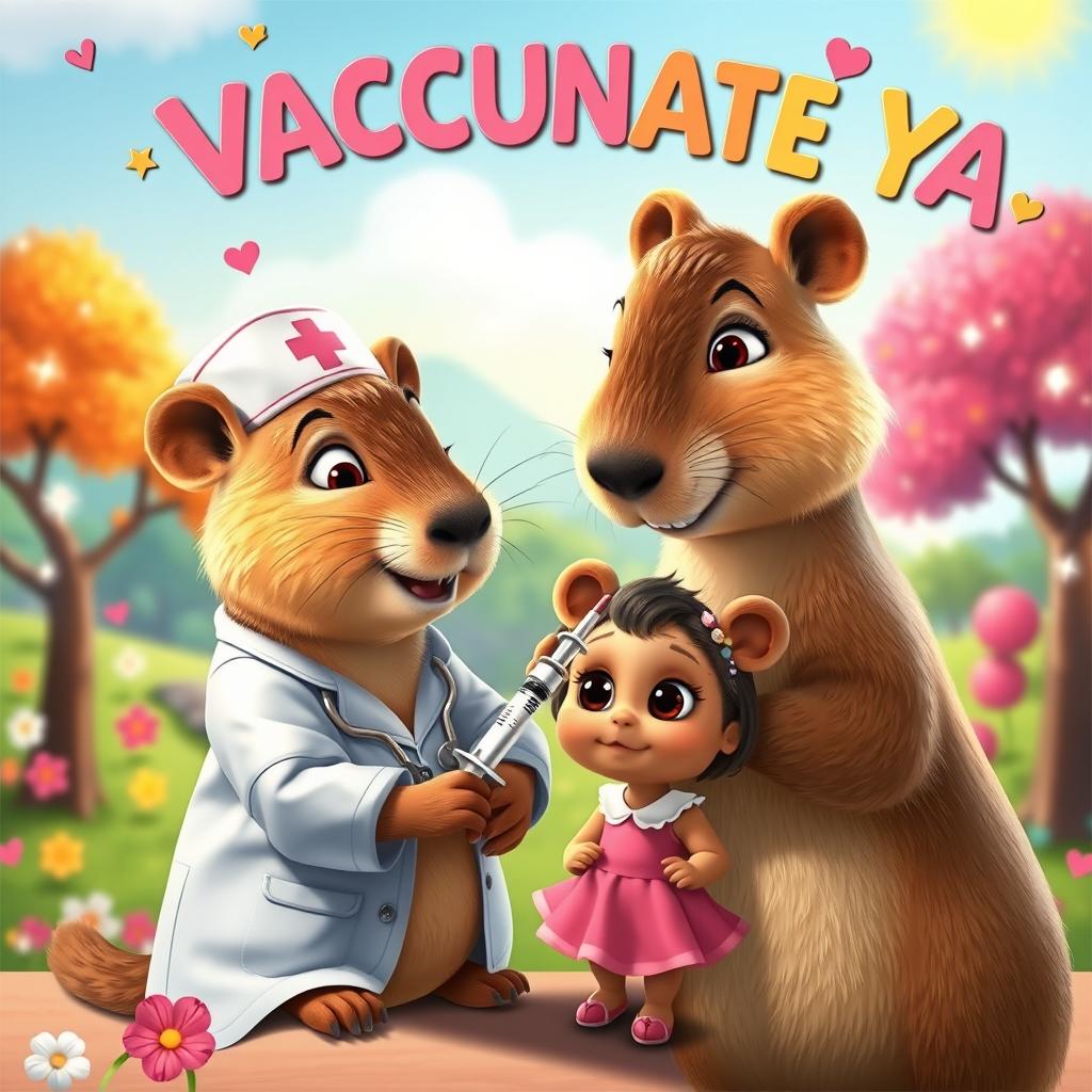 A delightful Disney-Pixar style movie poster depicting a gentle capybara nurse administering a vaccine with a syringe to a small capybara dressed as a little girl