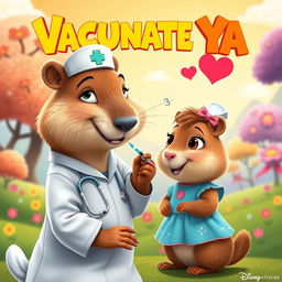 A delightful Disney-Pixar style movie poster depicting a gentle capybara nurse administering a vaccine with a syringe to a small capybara dressed as a little girl