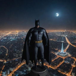 An epic image of Batman standing with a heroic pose on top of Tehran's Milad tower under a moonlit sky, overlooking the sprawling city below