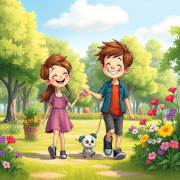 A whimsical scene in a vibrant park during a sunny day, featuring a brother and sister walking together