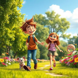 A whimsical scene in a vibrant park during a sunny day, featuring a brother and sister walking together