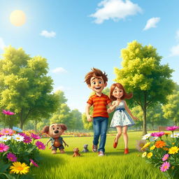 A whimsical scene in a vibrant park during a sunny day, featuring a brother and sister walking together