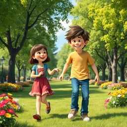 A whimsical scene in a vibrant park during a sunny day, featuring a brother and sister walking together