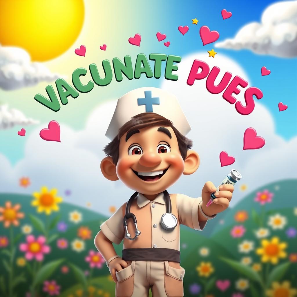 A vibrant Disney-Pixar style movie poster featuring a joyful character inspired by El Chavo del Ocho, dressed as a cheerful nurse administering vaccines