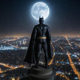 An epic image of Batman standing with a heroic pose on top of Tehran's Milad tower under a moonlit sky, overlooking the sprawling city below