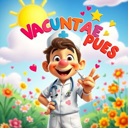 A vibrant Disney-Pixar style movie poster featuring a joyful character inspired by El Chavo del Ocho, dressed as a cheerful nurse administering vaccines