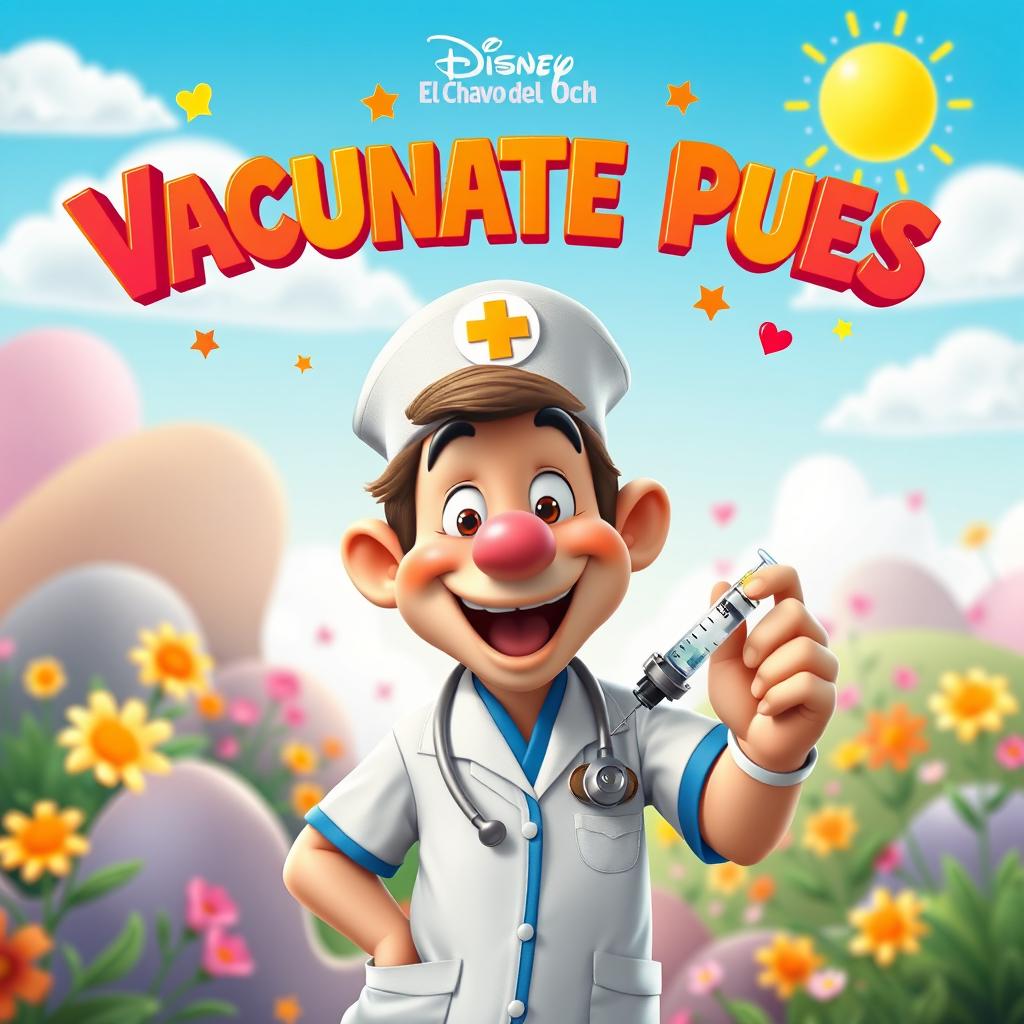 A vibrant Disney-Pixar style movie poster featuring a joyful character inspired by El Chavo del Ocho, dressed as a cheerful nurse administering vaccines