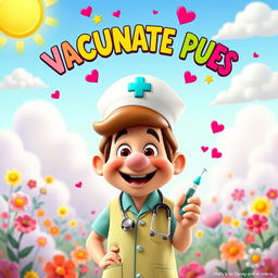 A vibrant Disney-Pixar style movie poster featuring a joyful character inspired by El Chavo del Ocho, dressed as a cheerful nurse administering vaccines