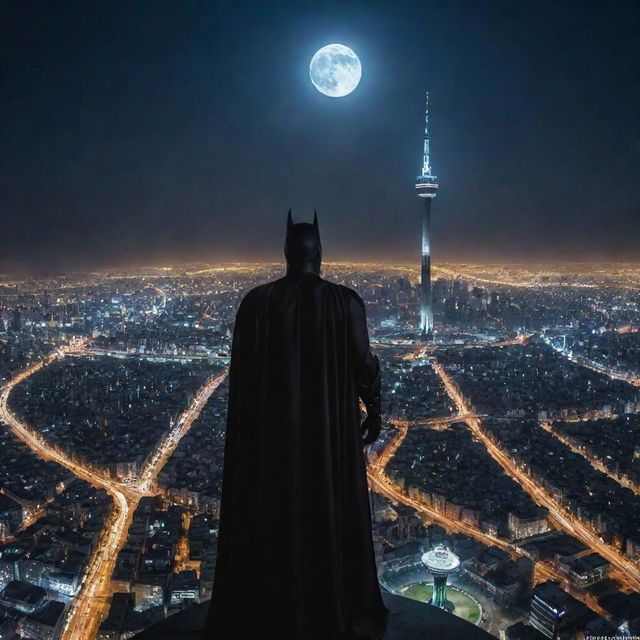 An epic image of Batman standing with a heroic pose on top of Tehran's Milad tower under a moonlit sky, overlooking the sprawling city below