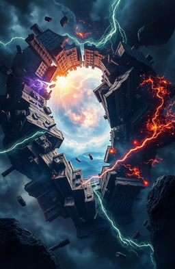 A striking visualization of an open time rift in the center of the image, showcasing parts of a world that appear shattered and distorted