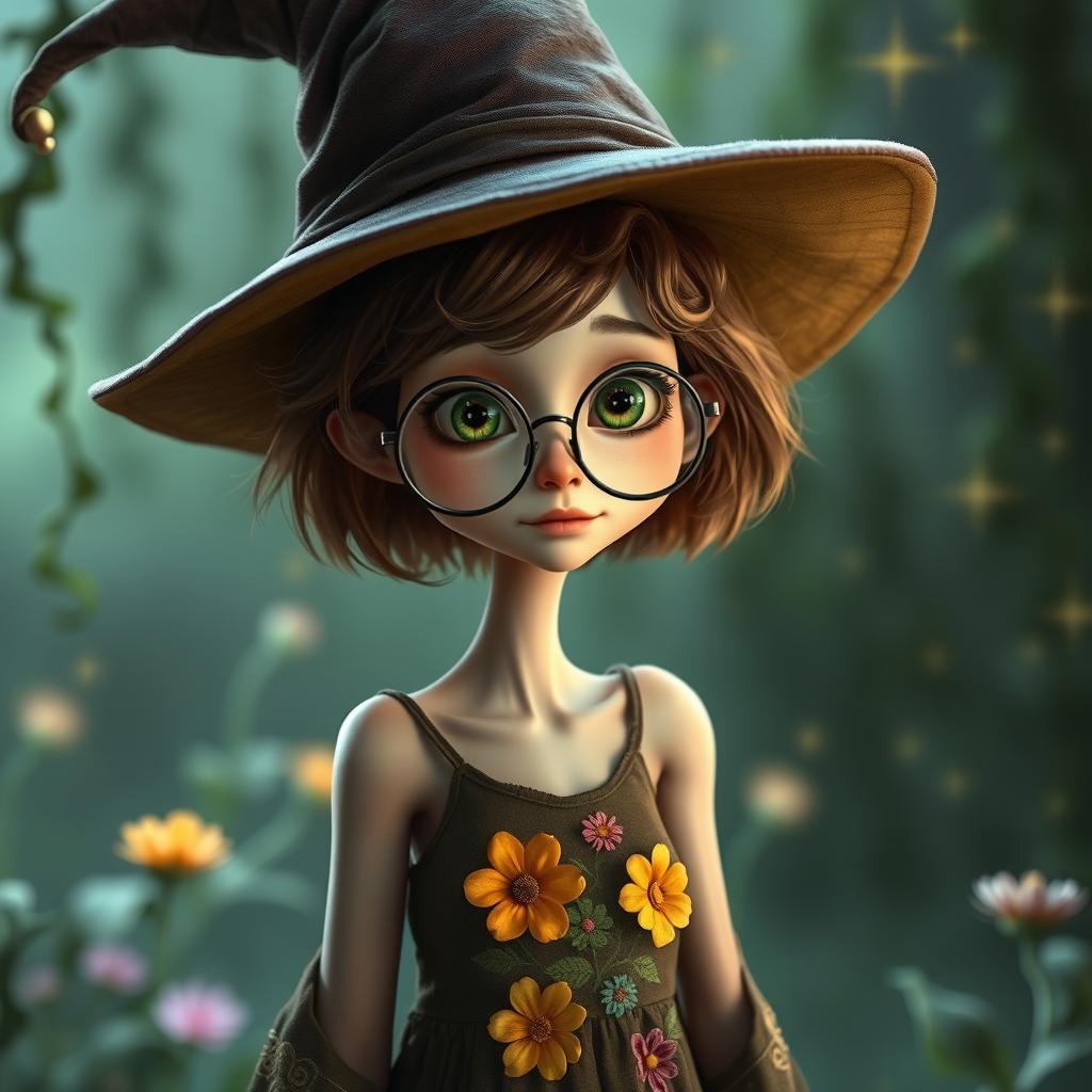 A slender young female witch with pale skin, short fluffy brown hair, and large green eyes