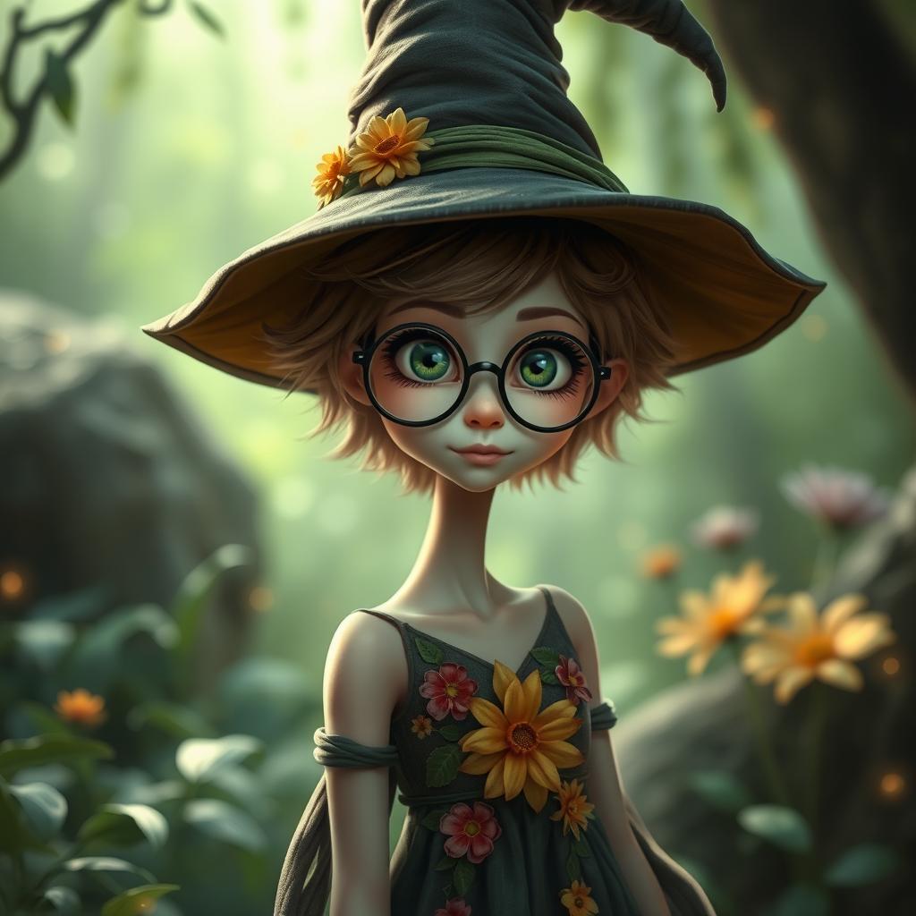 A slender young female witch with pale skin, short fluffy brown hair, and large green eyes