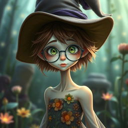 A slender young female witch with pale skin, short fluffy brown hair, and large green eyes