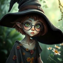 A slender young female witch with pale skin, short fluffy brown hair, and large green eyes