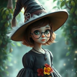 A young female witch with pale skin, short fluffy brown hair, and large green eyes