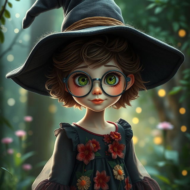 A young female witch with pale skin, short fluffy brown hair, and large green eyes