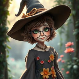 A young female witch with pale skin, short fluffy brown hair, and large green eyes