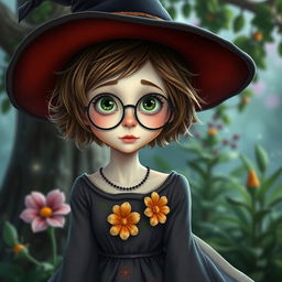 A young female witch with pale skin, short fluffy brown hair, and large green eyes