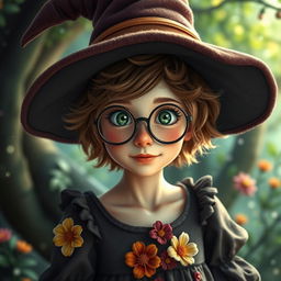 A young adult female witch with pale skin, short fluffy brown hair, and striking green eyes, adorned with freckles across her nose