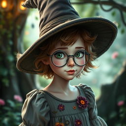 A young adult female witch with pale skin, short fluffy brown hair, and striking green eyes, adorned with freckles across her nose